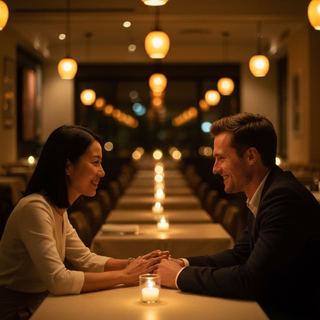 A couple enjoying an intimate dinner together at a restaurant